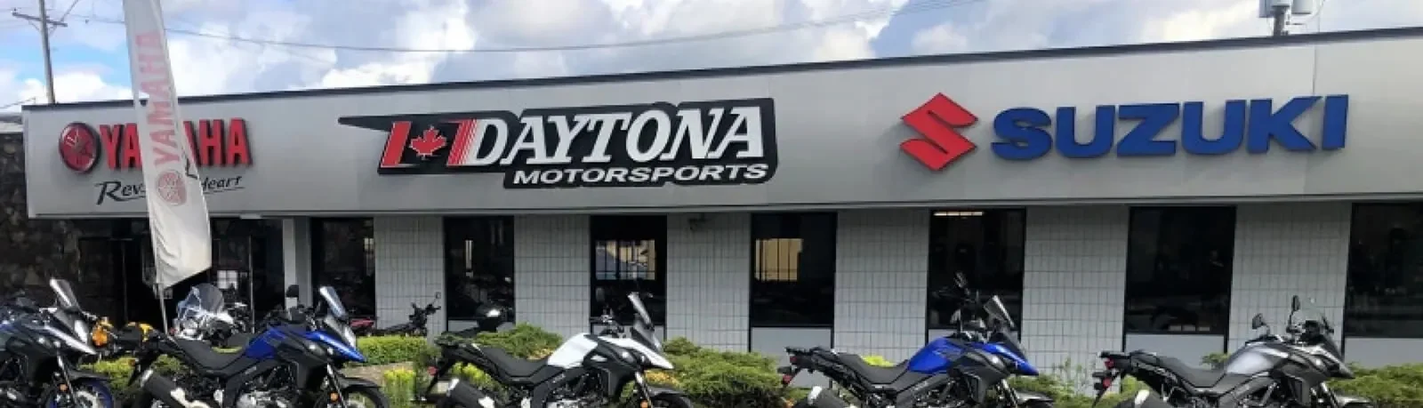 Daytona Motorsports store front showing large selection of motorcycles